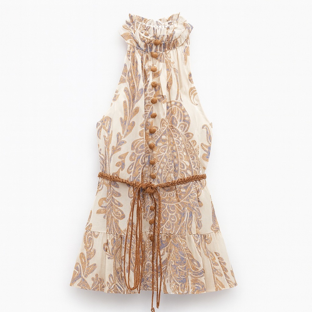 Zara Belted Button-Front Floral Mini Dress | Size S | Halter Neck Summer Stap